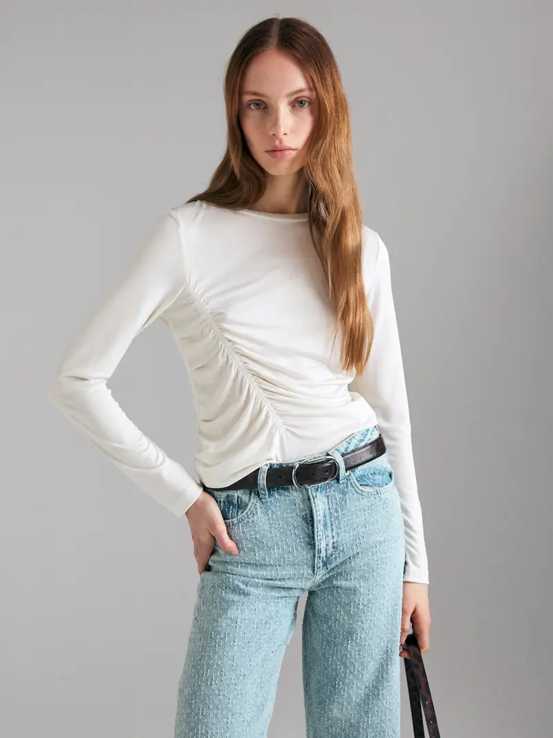 Maglietta Con Arriccio, Donna, Bianco Panna miniatura 3