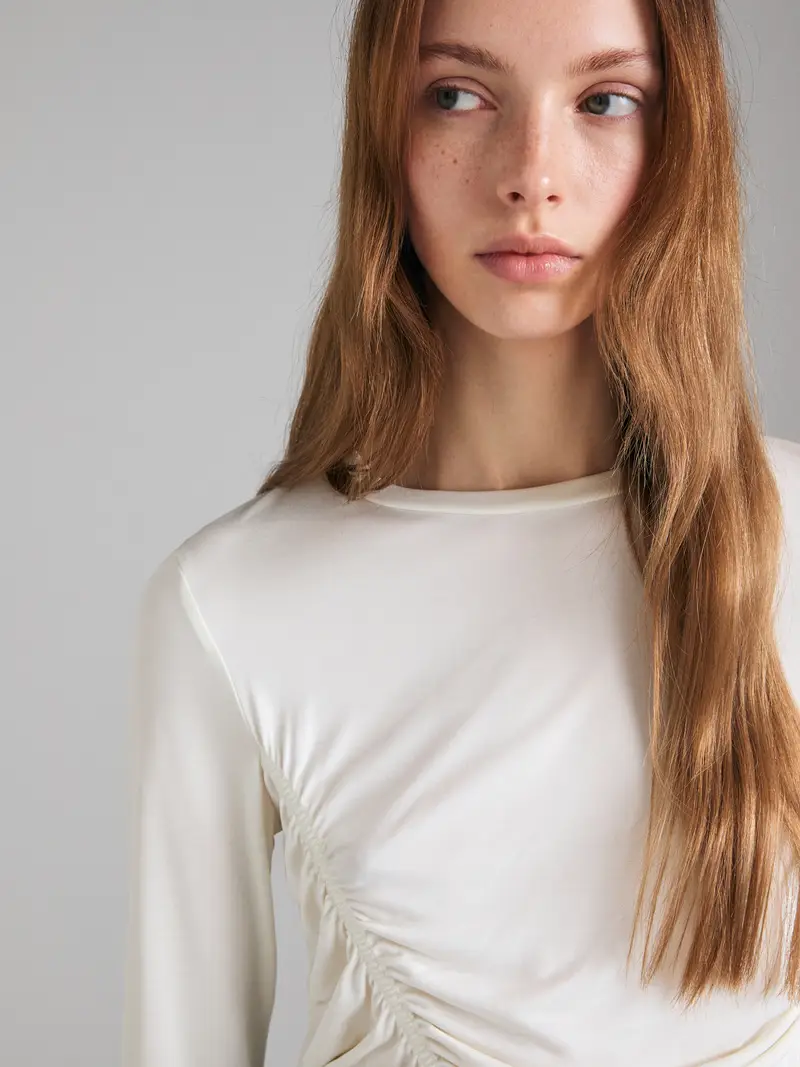 Maglietta Con Arriccio, Donna, Bianco Panna miniatura 4