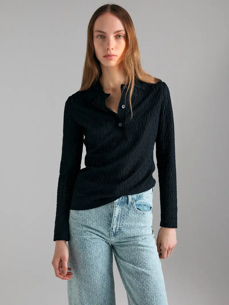 Polo Traforata, Donna, Nero miniatura 3