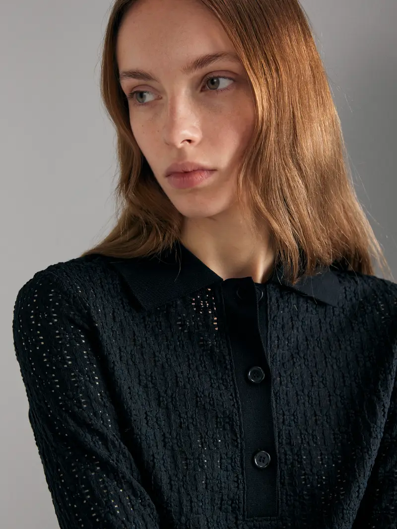 Polo Traforata, Donna, Nero miniatura 4