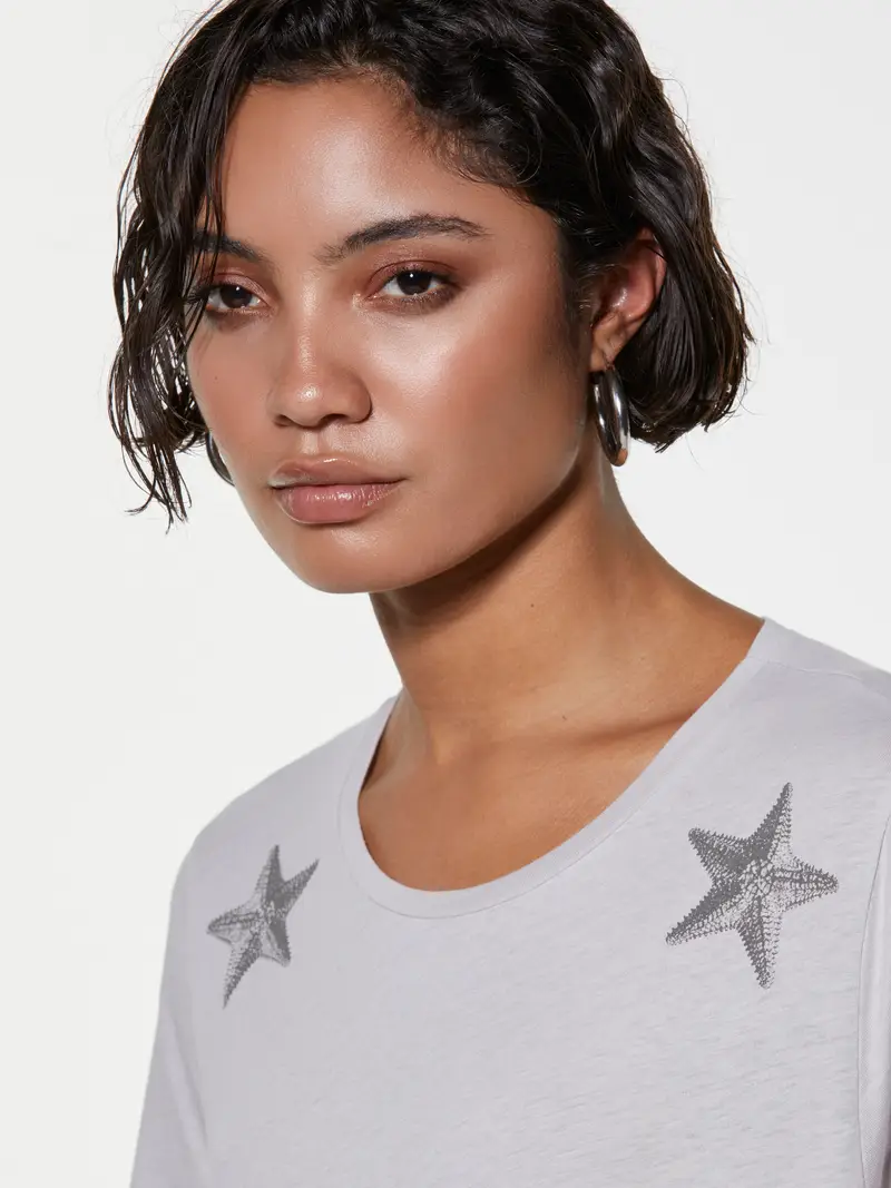 T-shirt Grigia Con Stampa Stelle, Donna, Grigio Chiaro miniatura 5