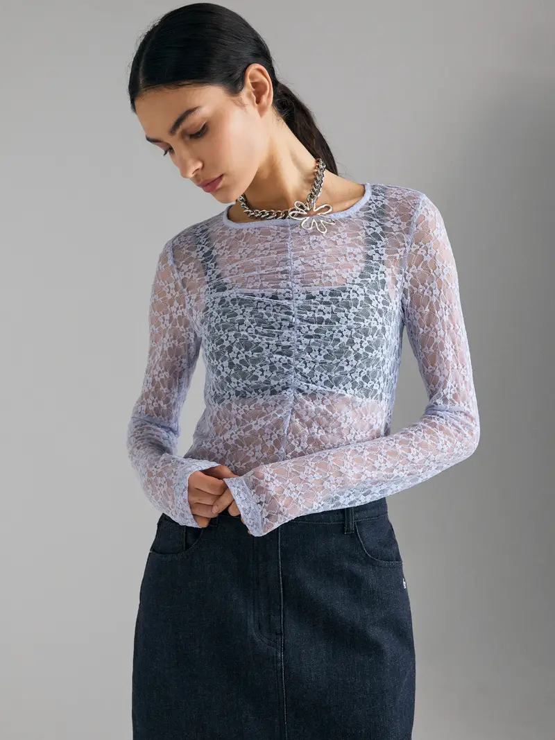 T-shirt In Pizzo Con Arriccio, Donna, Blu Chiaro miniatura 3