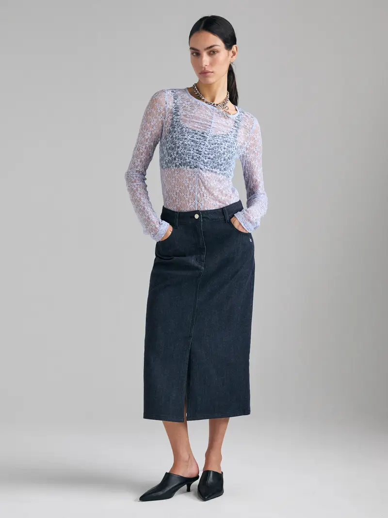 T-shirt In Pizzo Con Arriccio, Donna, Blu Chiaro