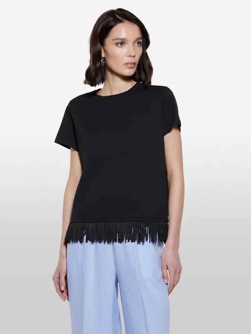 T-shirt Nera Con Frange Sul Fondo, Donna, Nero miniatura 4