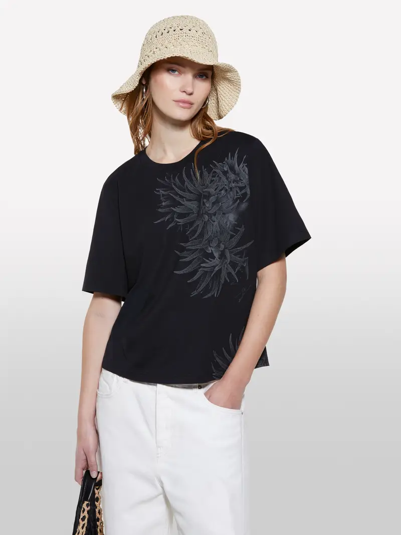 T-shirt Nera Con Stampa Piante Marine, Donna, Nero miniatura 4