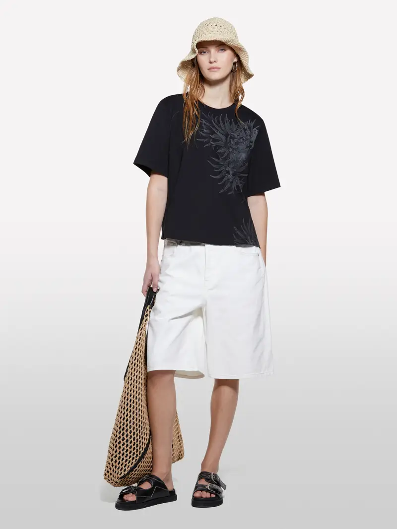T-shirt Nera Con Stampa Piante Marine, Donna, Nero