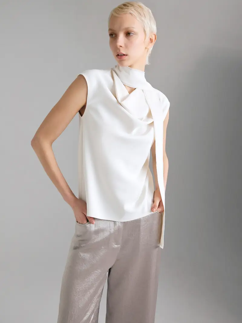 Top Con Sciarpina, Donna, Bianco Panna miniatura 3