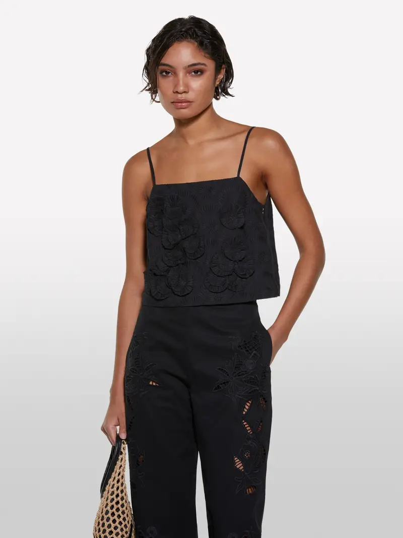 Top Cropped Nero Con Fiori, Donna, Nero miniatura 4