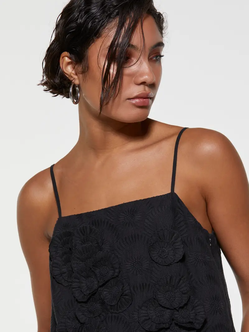 Top Cropped Nero Con Fiori, Donna, Nero miniatura 5