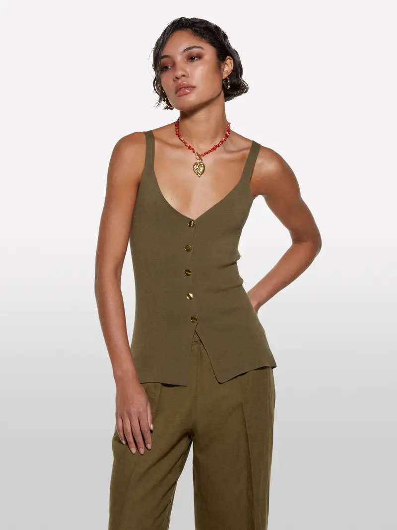 Top Verde Militare Con Bottoni, Donna, Verde Militare miniatura 4