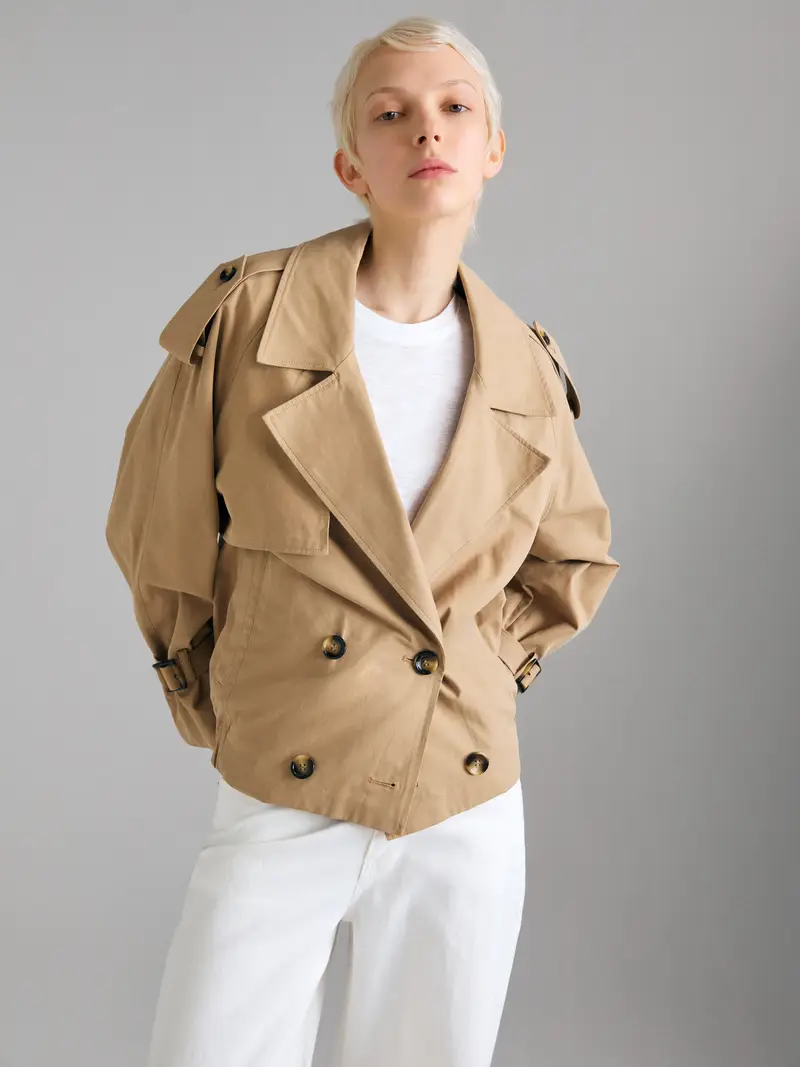 Trench Corto Over Fit, Donna, Beige miniatura 3