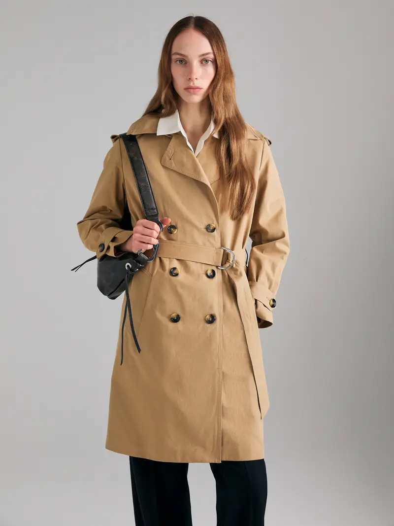 Trench Midi Doppiopetto, Donna, Cammello miniatura 3