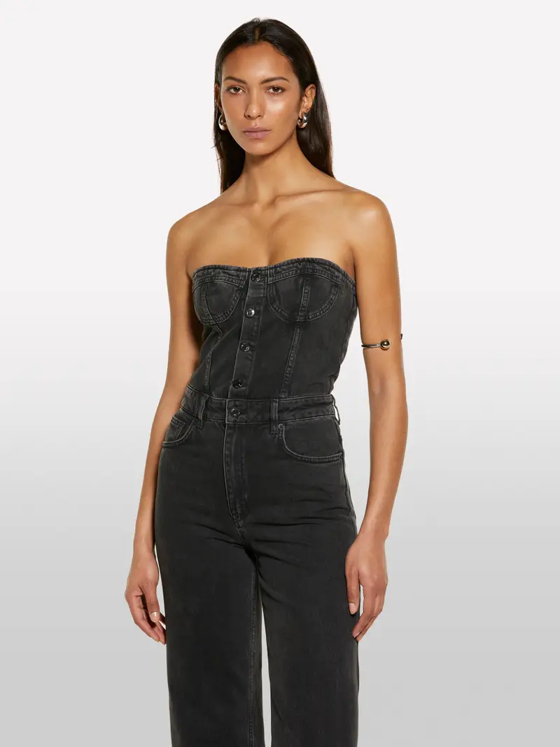 Tuta Bustier Di Jeans Nera, Donna, Nero miniatura 4
