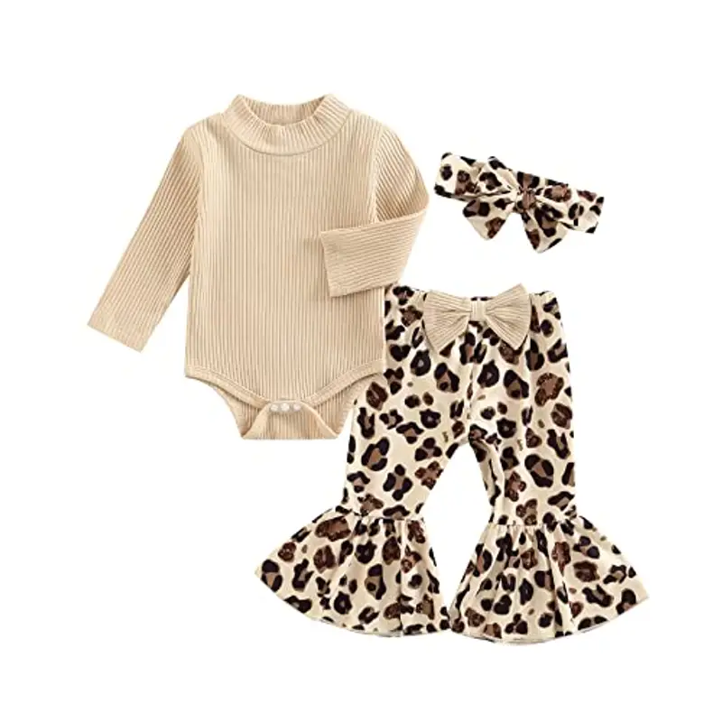 Siyova 3 Pezzi Completo Neonata Elegante Tutina Maniche Lunghe+Pantaloni Svasati con Stampa Leopardata+Fascia Tuta