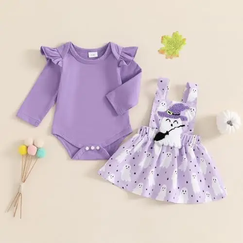 Siyova Completo Neonata Halloween 2 Pezzi Tuta Elegante Pagliaccetto Manica Lunga Stampa Fantasma/Zucca+Gonna con miniatura 2