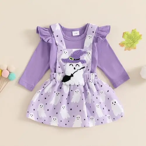 Siyova Completo Neonata Halloween 2 Pezzi Tuta Elegante Pagliaccetto Manica Lunga Stampa Fantasma/Zucca+Gonna con miniatura 3