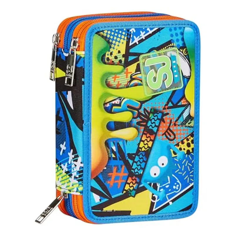 SJ Gang STYLE JAM GANG Astuccio Scuola 3 Zip, Blu, Sphere Full Boy, Portapenne Triplo Scomparto Completo Di Penne, Matite, Colori, Accessori Zaino, Elementari, Medie, Bambino