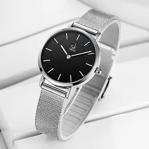 SK - Orologio da donna ultra sottile minialista, con cinturino in pelle, con due mani miniatura 2