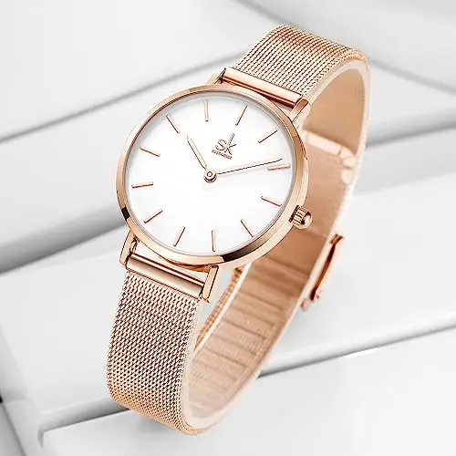 SK - Orologio da donna ultra sottile minialista, con cinturino in pelle, con due mani miniatura 2