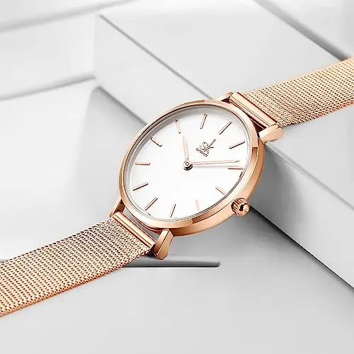 SK - Orologio da donna ultra sottile minialista, con cinturino in pelle, con due mani miniatura 3