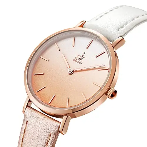 SK - Orologio da donna ultra sottile minialista, con cinturino in pelle, con due mani, Champagne miniatura 2