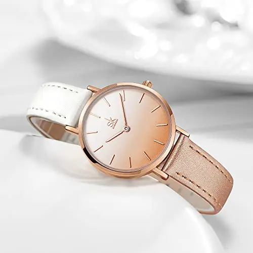 SK - Orologio da donna ultra sottile minialista, con cinturino in pelle, con due mani, Champagne miniatura 3