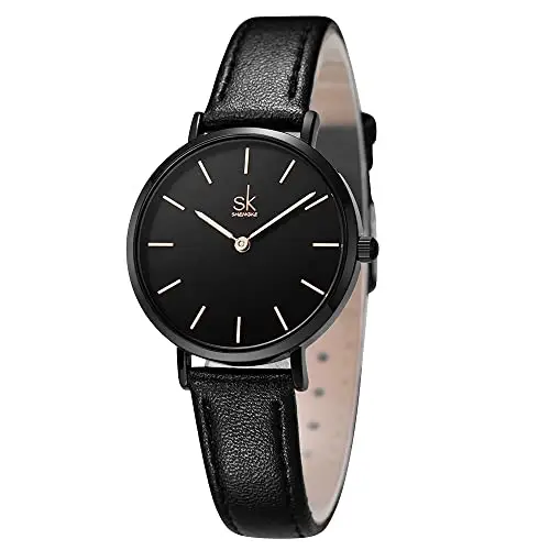 SK - Orologio da donna ultra sottile minialista, con cinturino in pelle, con due mani, nero miniatura 2