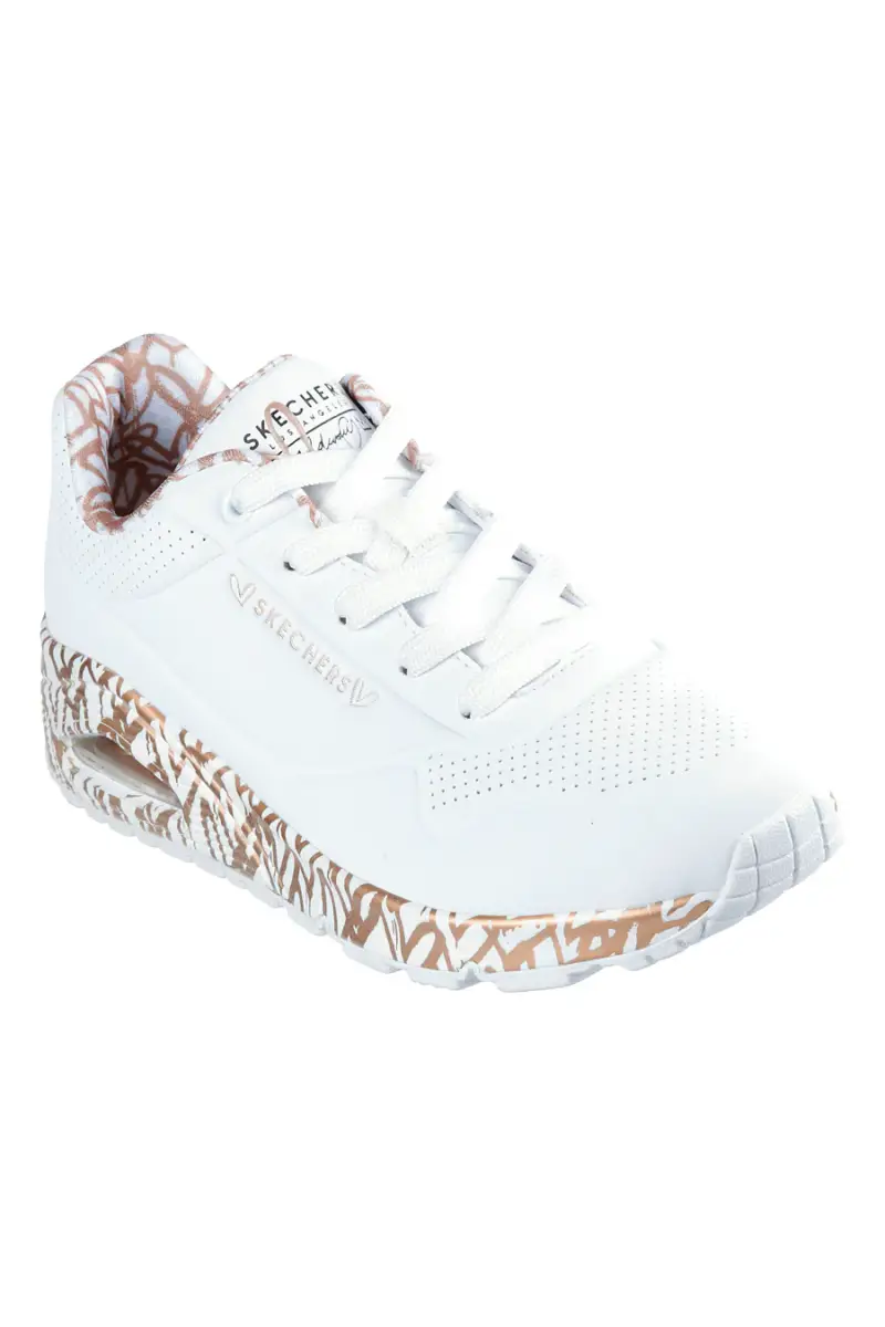 Sneakers bianche con stampa cuori oro rosa e cuscinetto ad aria Skechers UNO Loving Love [BIANCO] miniatura 2