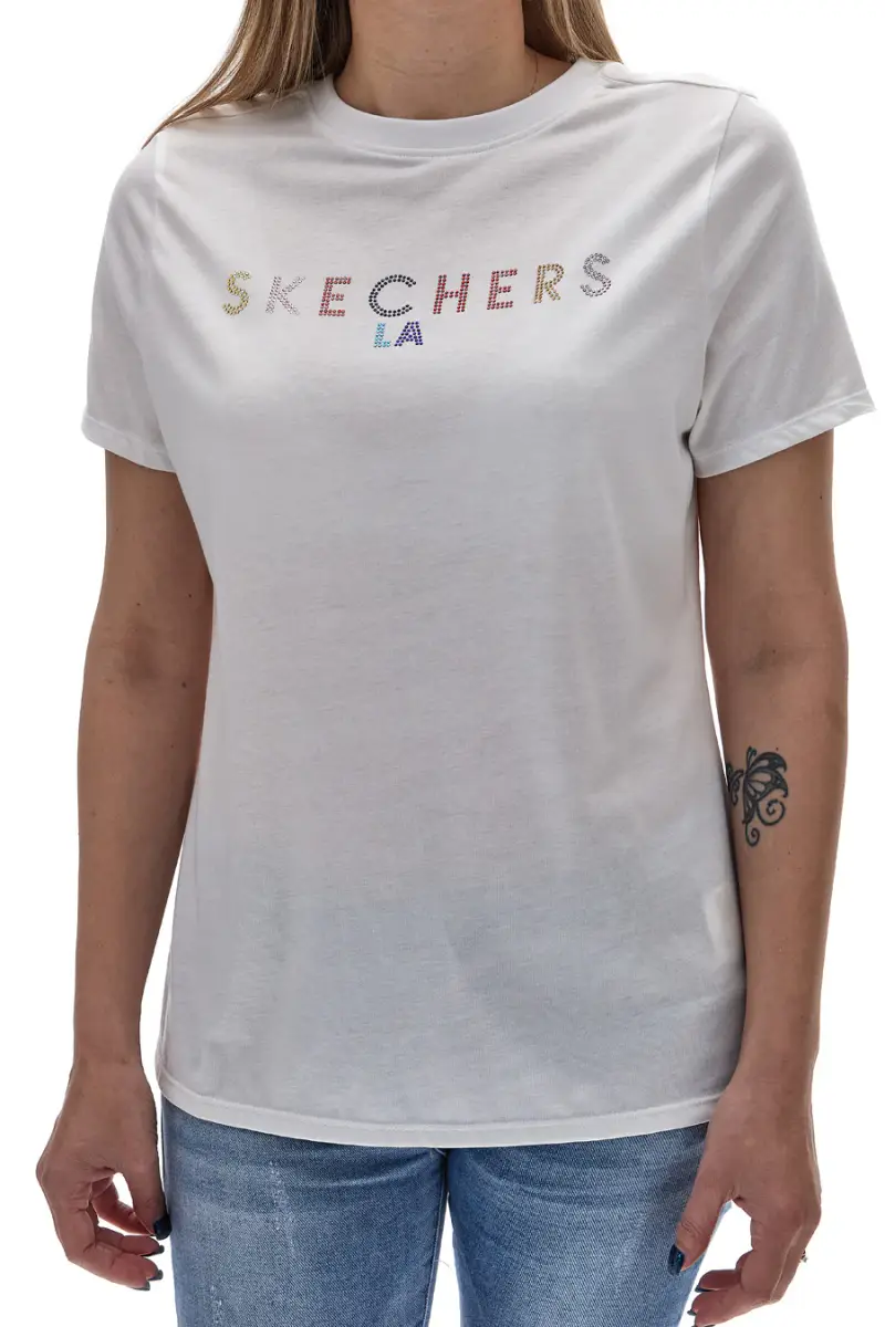 T-Shirt Bianca Con Strass Arcobaleno Skechers TS40 [BIANCO]