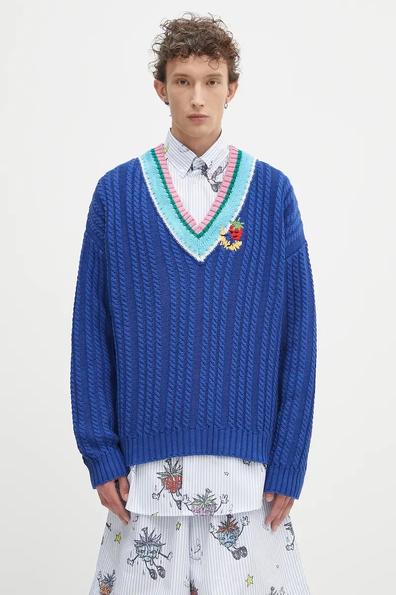 maglione Cableknit v-neck uomo colore blu SHF07N007