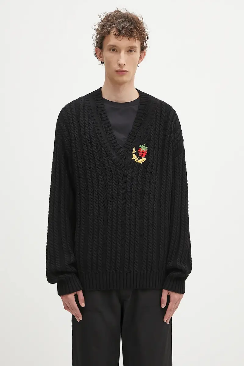 maglione in cotone Cableknit v-neck uomo colore nero SHF07N005