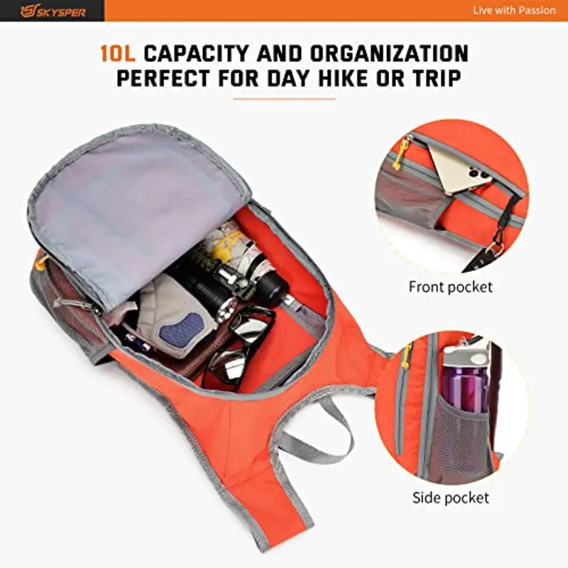 SKYSPER Zaino Leggero Pieghevole 10L, Zainetto Richiudibile Zaino Hiking Salvaspazio per Trekking Viaggi Brevi Escursioni Ciclismo miniatura 3