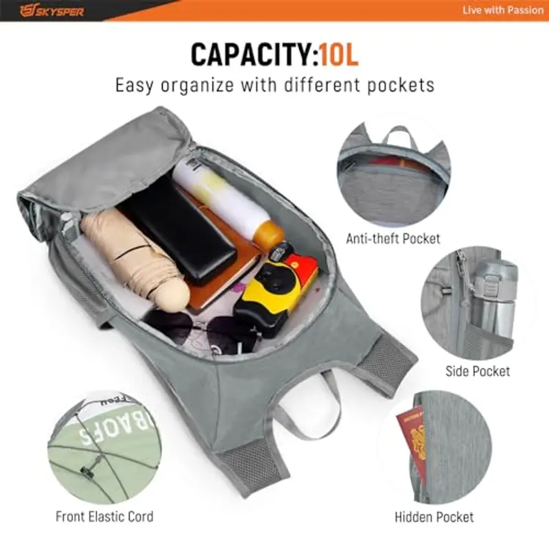 SKYSPER Zaino Trekking 10L Ultraleggero Pieghevole, Piccolo per Uomo Donna, da Viaggio Escursione Gita Bici miniatura 2