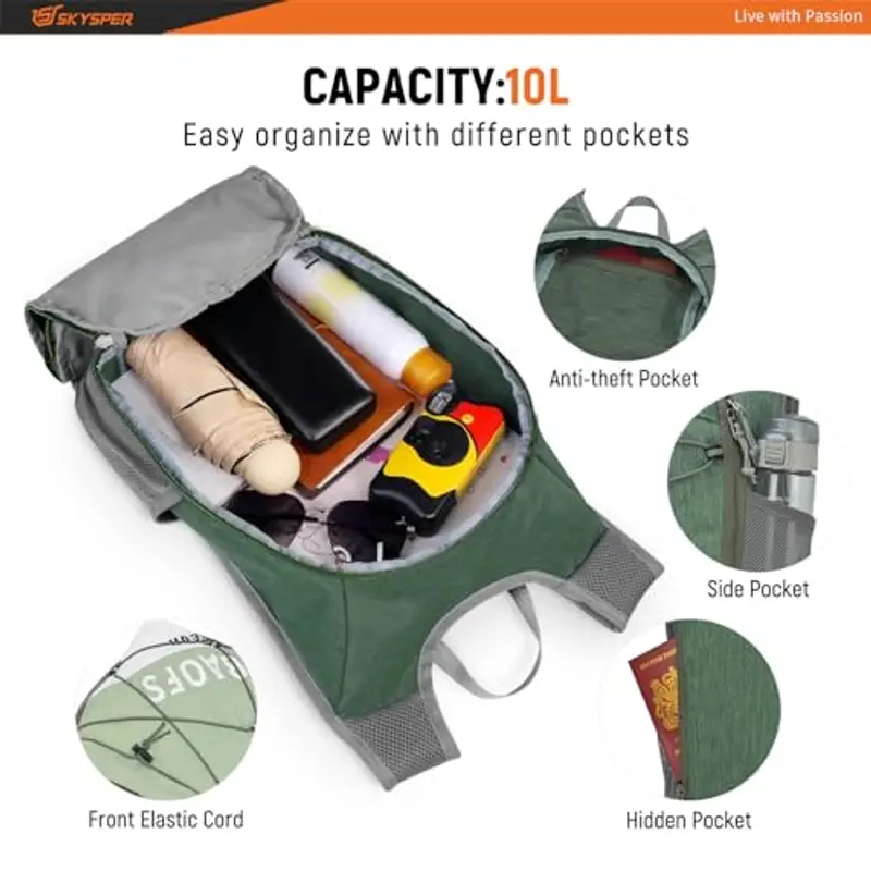 SKYSPER Zaino Trekking 10L Ultraleggero Pieghevole, Piccolo per Uomo Donna, da Viaggio Escursione Gita Bici miniatura 2