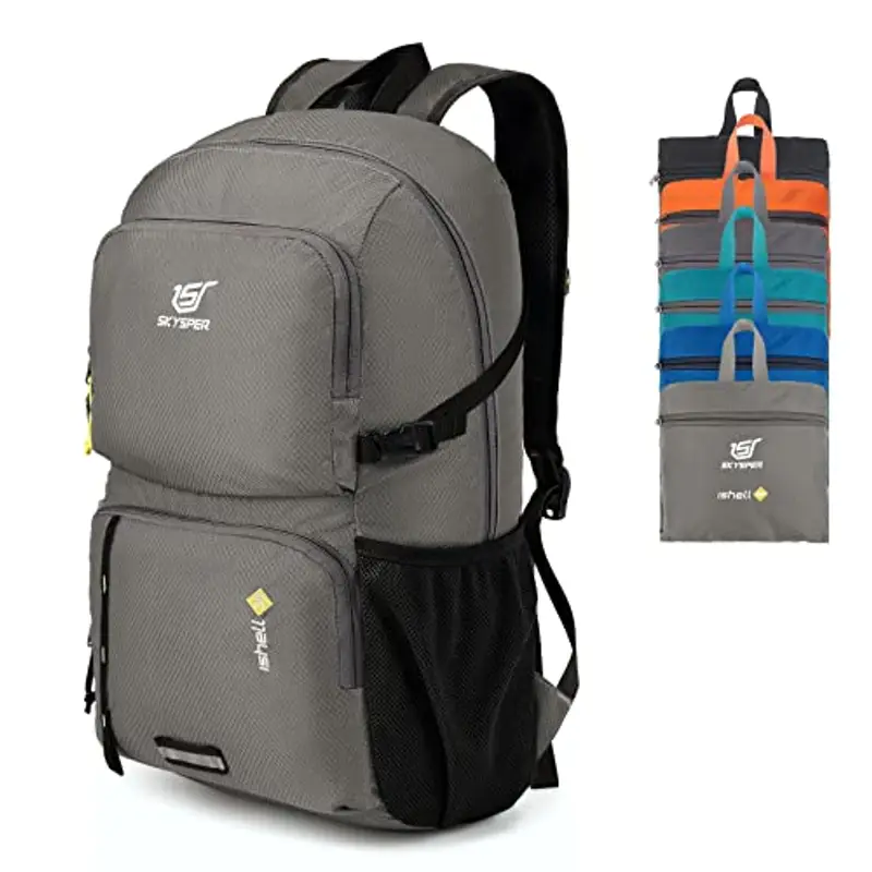 SKYSPER Zaino Ultraleggero Pieghevole 30L, Resistente all'Acqua Con Strisce Riflettenti per Trekking, Hiking, Escursione, Viaggio - Uomo Donna, Grigio Chiaro