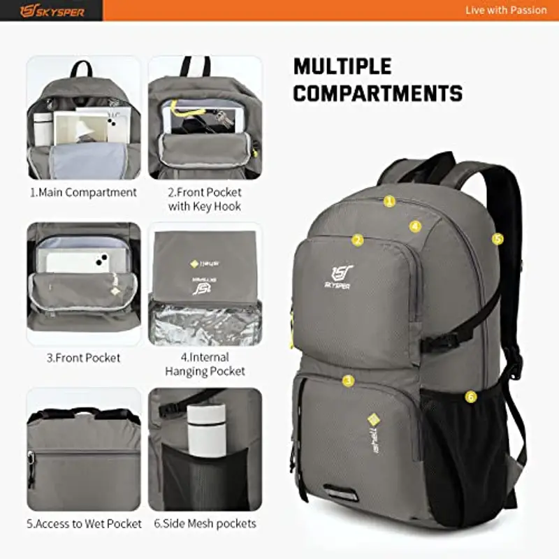 SKYSPER Zaino Ultraleggero Pieghevole 30L, Resistente all'Acqua Con Strisce Riflettenti per Trekking, Hiking, Escursione, Viaggio - Uomo Donna, Grigio Chiaro miniatura 3