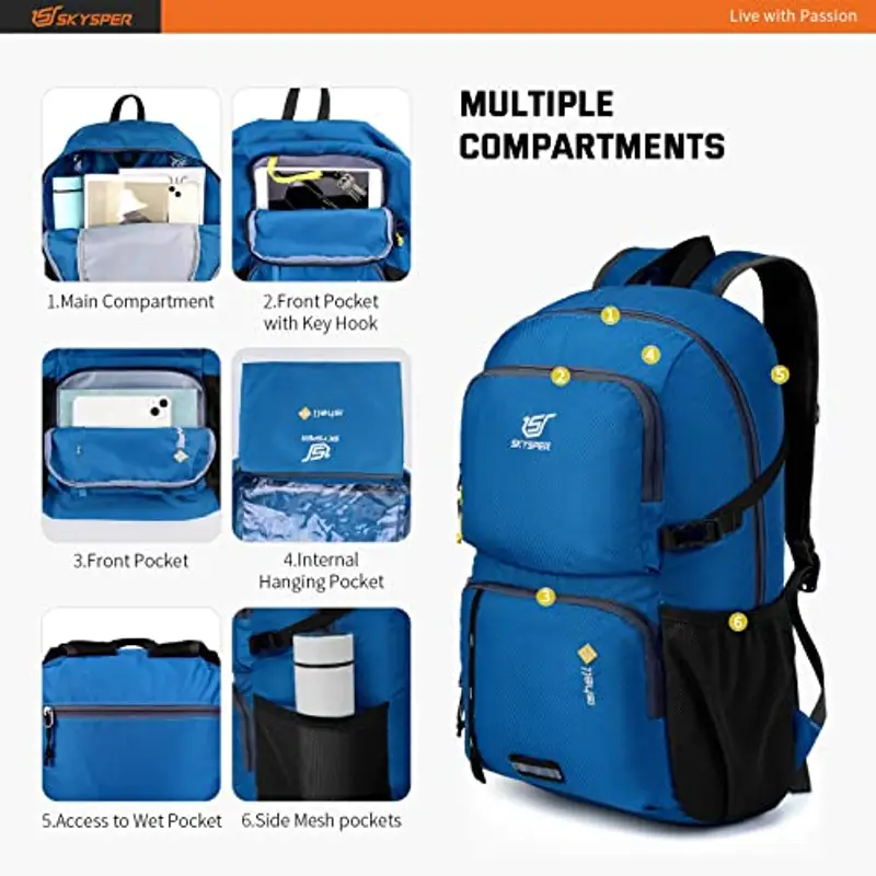 SKYSPER Zaino Ultraleggero Pieghevole 30L, Resistente all'Acqua Con Strisce Riflettenti per Trekking, Hiking, Escursione, Viaggio - Uomo Donna, Zaffiro miniatura 3