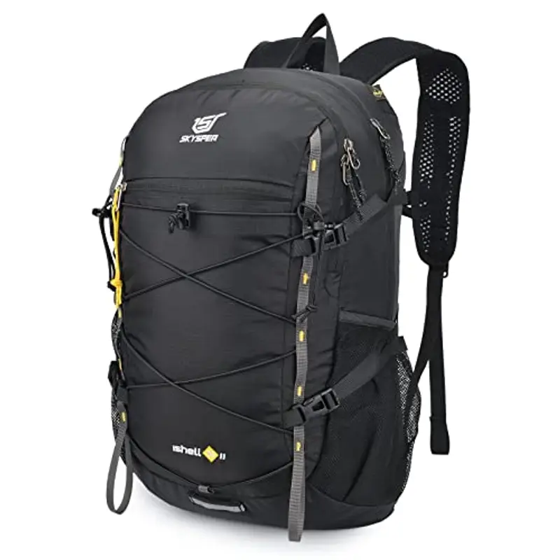 SKYSPER Zaino Ultraleggero Pieghevole, Ripiegabile 30L Resistente all'Acqua con Strisce Riflettenti Zaino da Trekking con Uscita dell'acqua per Hiking Escursione Viaggio Uomo Donna ISHE30-Nero