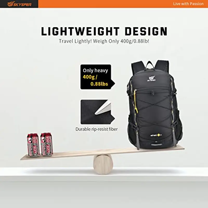 SKYSPER Zaino Ultraleggero Pieghevole, Ripiegabile 30L Resistente all'Acqua con Strisce Riflettenti Zaino da Trekking con Uscita dell'acqua per Hiking Escursione Viaggio Uomo Donna ISHE30-Nero miniatura 2