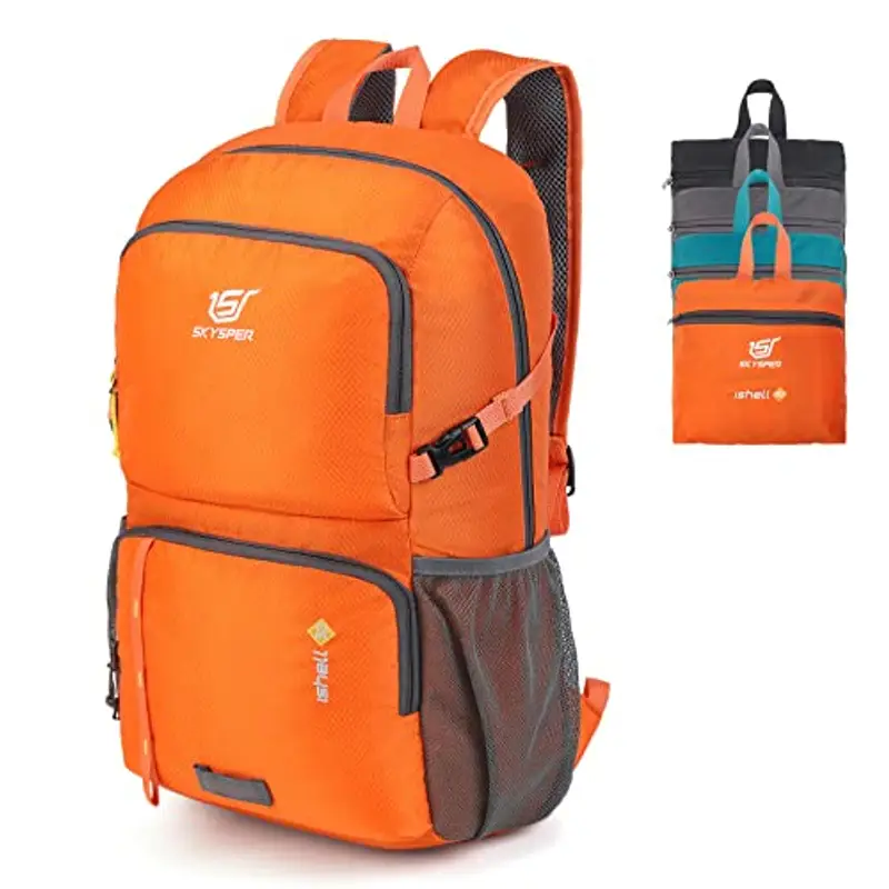 SKYSPER Zaino Ultraleggero Pieghevole, Zaino Ripiegabile 30L Resistente all'Acqua con Strisce Riflettenti Zaino da Trekking per Hiking Escursione Viaggio Uomo Donna, Arancione