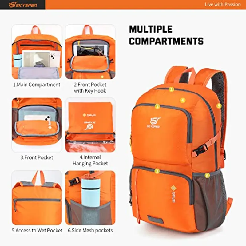 SKYSPER Zaino Ultraleggero Pieghevole, Zaino Ripiegabile 30L Resistente all'Acqua con Strisce Riflettenti Zaino da Trekking per Hiking Escursione Viaggio Uomo Donna, Arancione miniatura 3