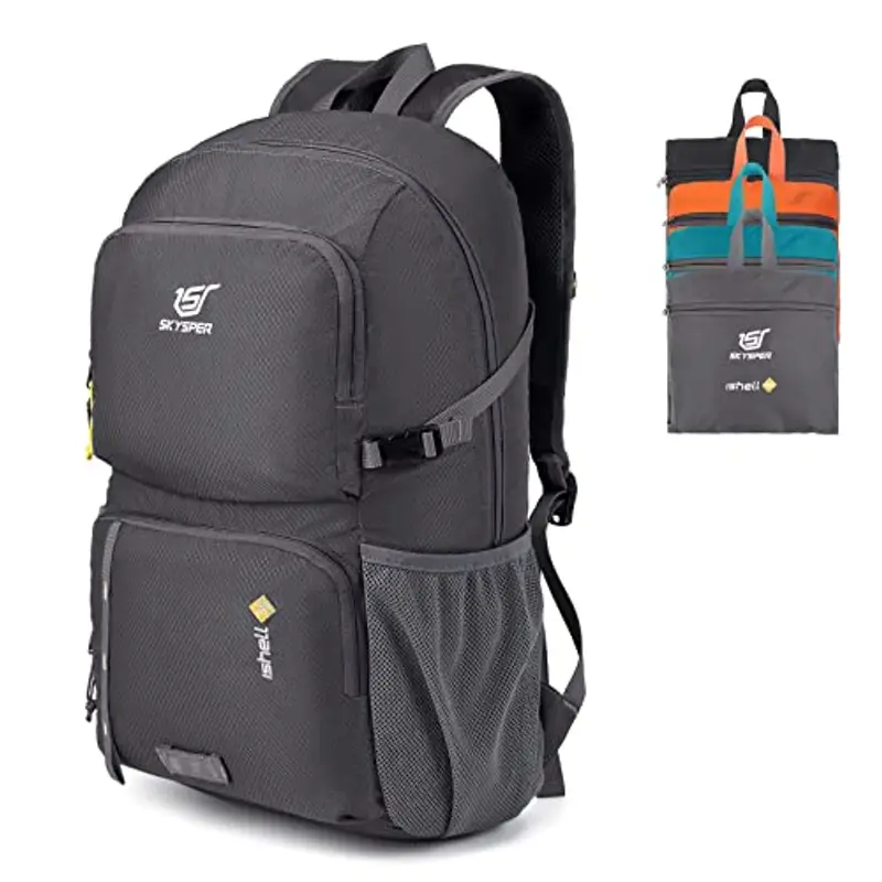 SKYSPER Zaino Ultraleggero Pieghevole, Zaino Ripiegabile 30L Resistente all'Acqua con Strisce Riflettenti Zaino da Trekking per Hiking Escursione Viaggio Uomo Donna, Grigio