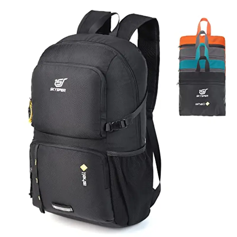 SKYSPER Zaino Ultraleggero Pieghevole, Zaino Ripiegabile 30L Resistente all'Acqua con Strisce Riflettenti Zaino da Trekking per Hiking Escursione Viaggio Uomo Donna, Nero