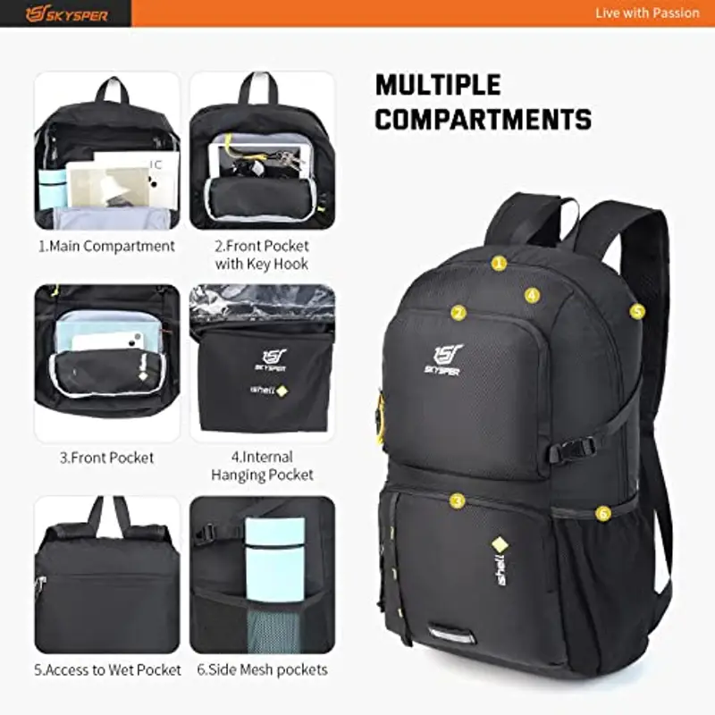 SKYSPER Zaino Ultraleggero Pieghevole, Zaino Ripiegabile 30L Resistente all'Acqua con Strisce Riflettenti Zaino da Trekking per Hiking Escursione Viaggio Uomo Donna, Nero miniatura 3