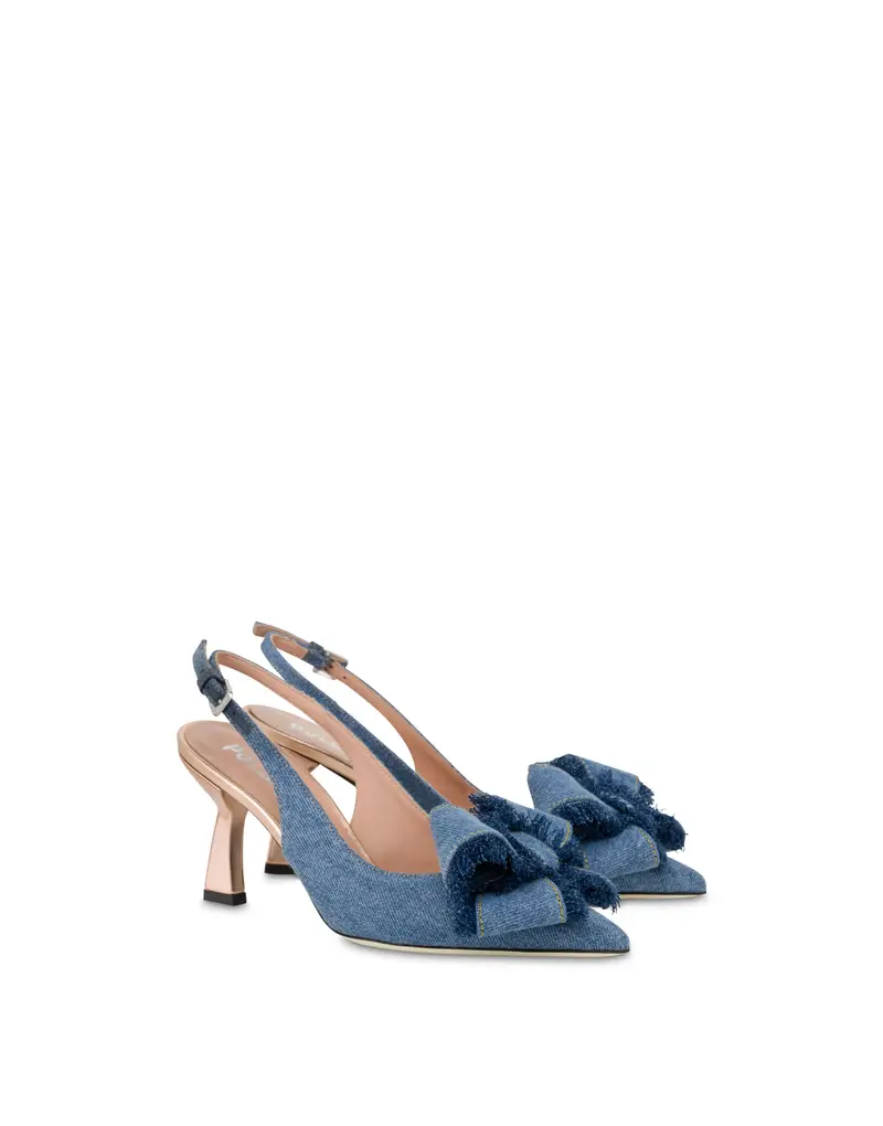 Slingback in denim Ribbon Bow DENIM/RAME, 41, Pollini miniatura 2