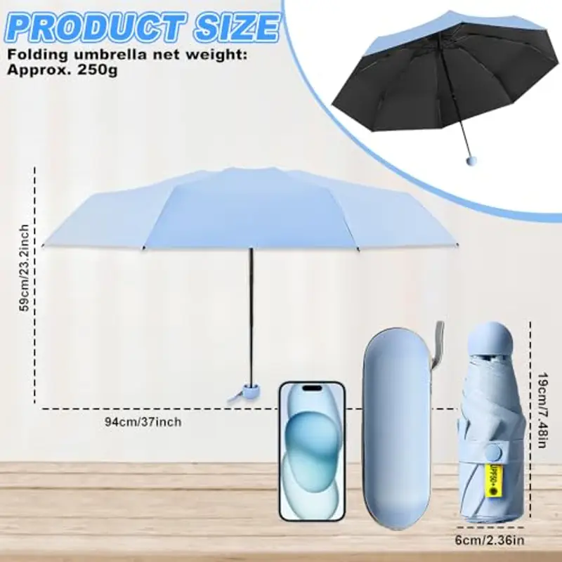 SLTAXAR Mini Ombrello, 8 Costole Ombrello da viaggio pieghevole, Mini Ombrello da Tasca, Piccolo Ombrello Compatto, Ombrello da Sole, Ombrello Portatile Antivento con Custodia per donne e uomini, Blu miniatura 2