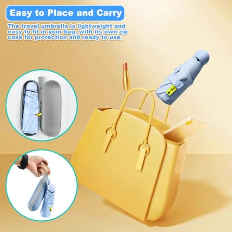 SLTAXAR Mini Ombrello, 8 Costole Ombrello da viaggio pieghevole, Mini Ombrello da Tasca, Piccolo Ombrello Compatto, Ombrello da Sole, Ombrello Portatile Antivento con Custodia per donne e uomini, Blu miniatura 3