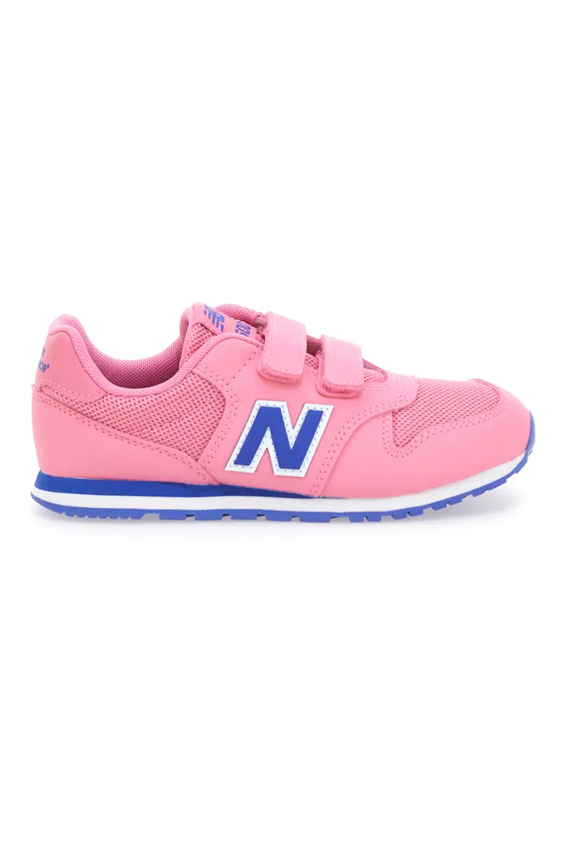 Sneaker rosa con doppio strappo e logo blu New Balance 500