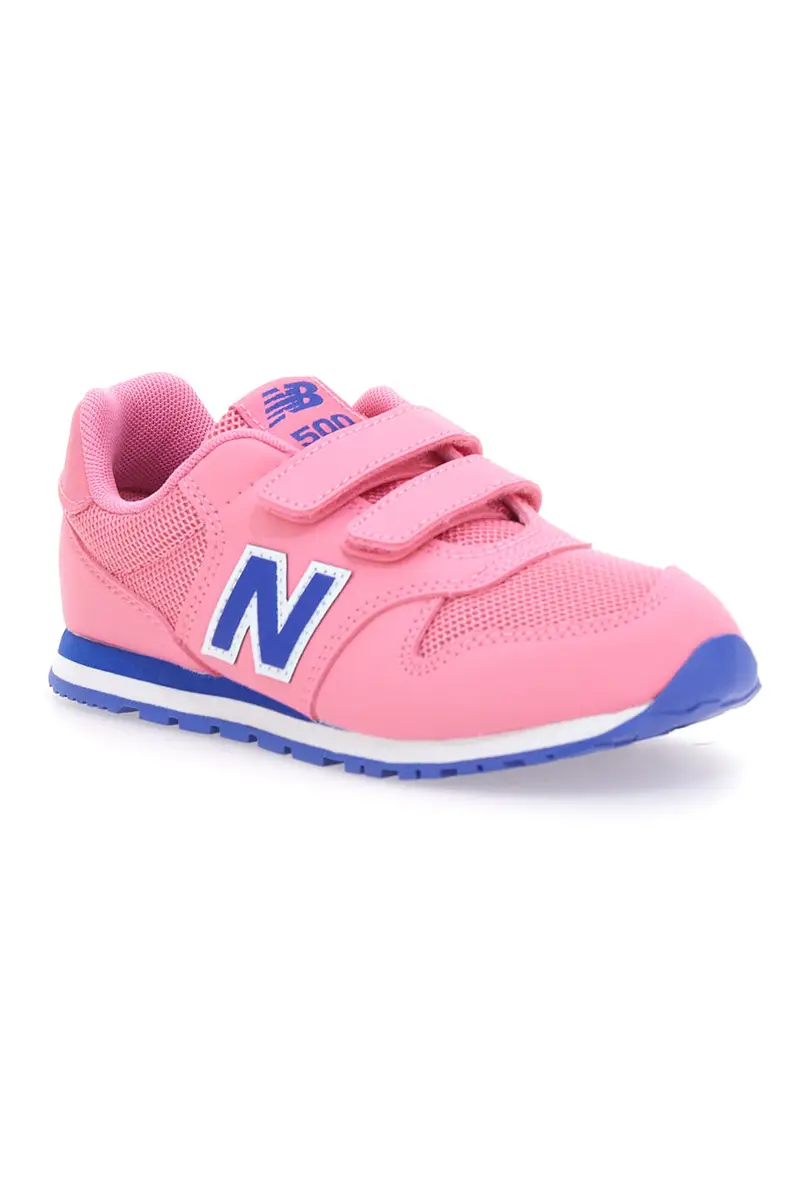 Sneaker rosa con doppio strappo e logo blu New Balance 500 miniatura 2
