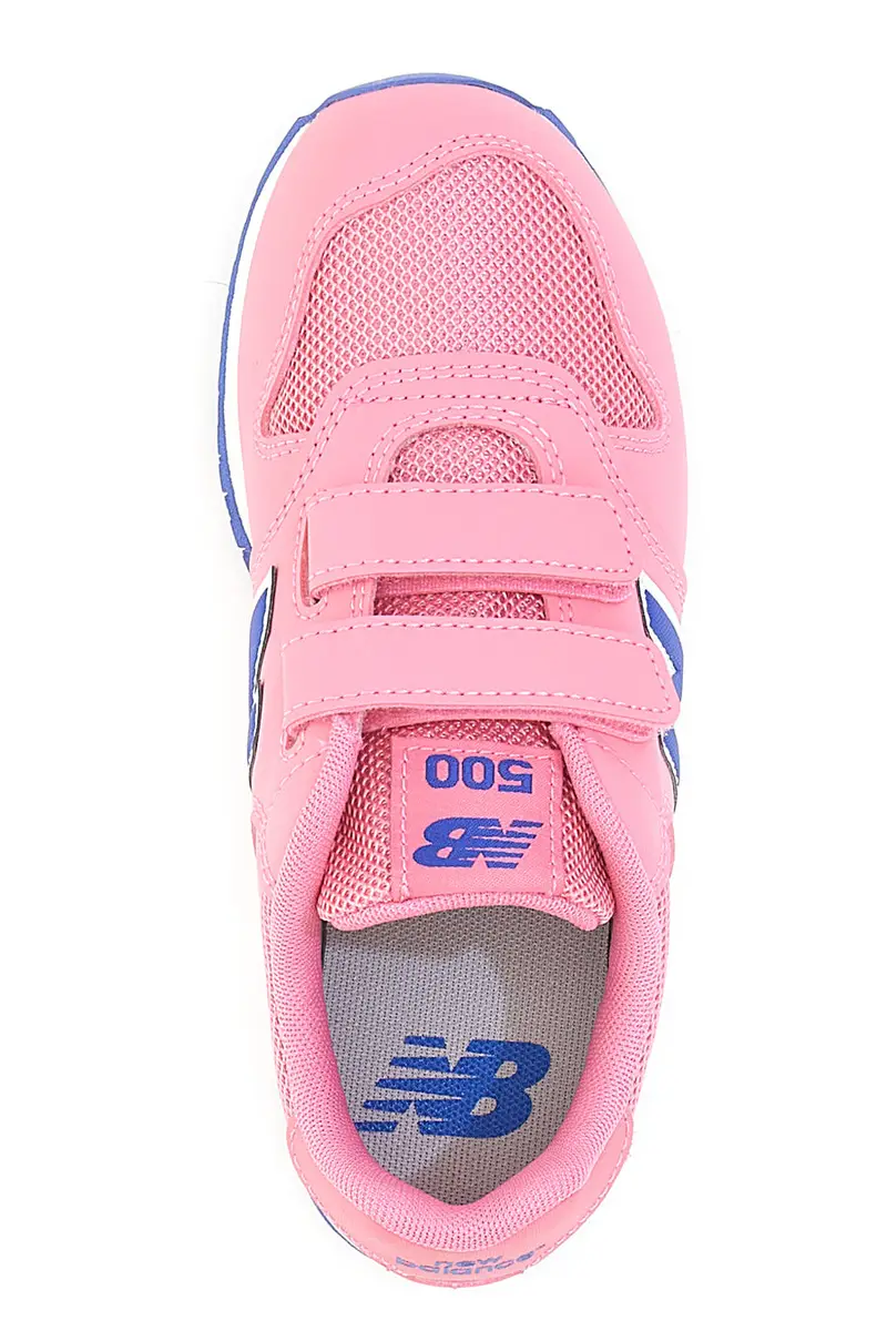 Sneaker rosa con doppio strappo e logo blu New Balance 500 miniatura 3